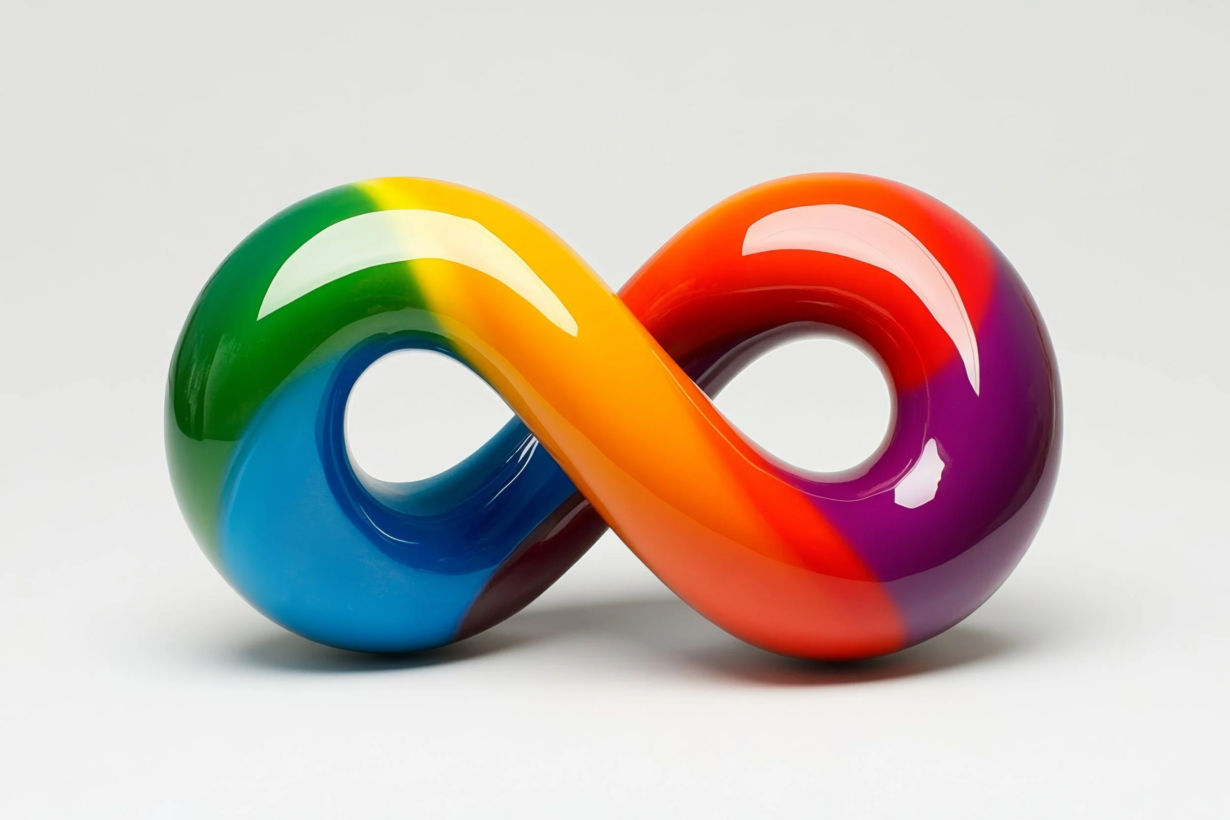 Colorful glass sculpture shaped like an infinity symbol with rainbow colors.