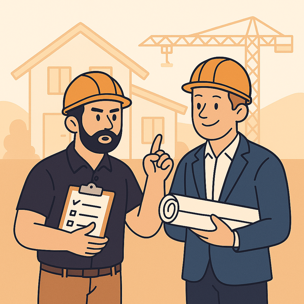 Two construction workers wearing hard hats discussing plans at a construction site, with a house and crane in the background.