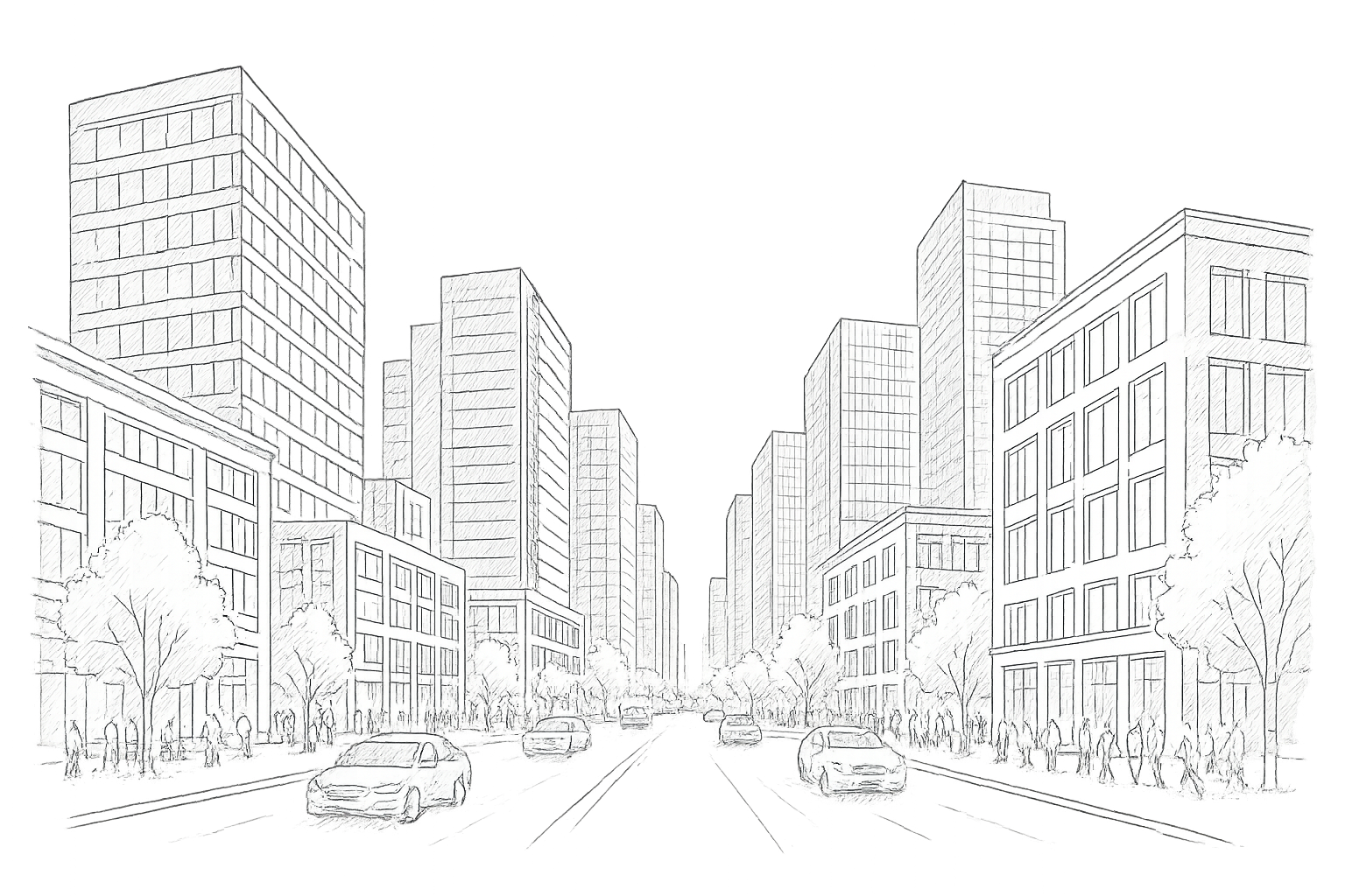 Line drawing of a city street with tall buildings, trees, and parked cars.