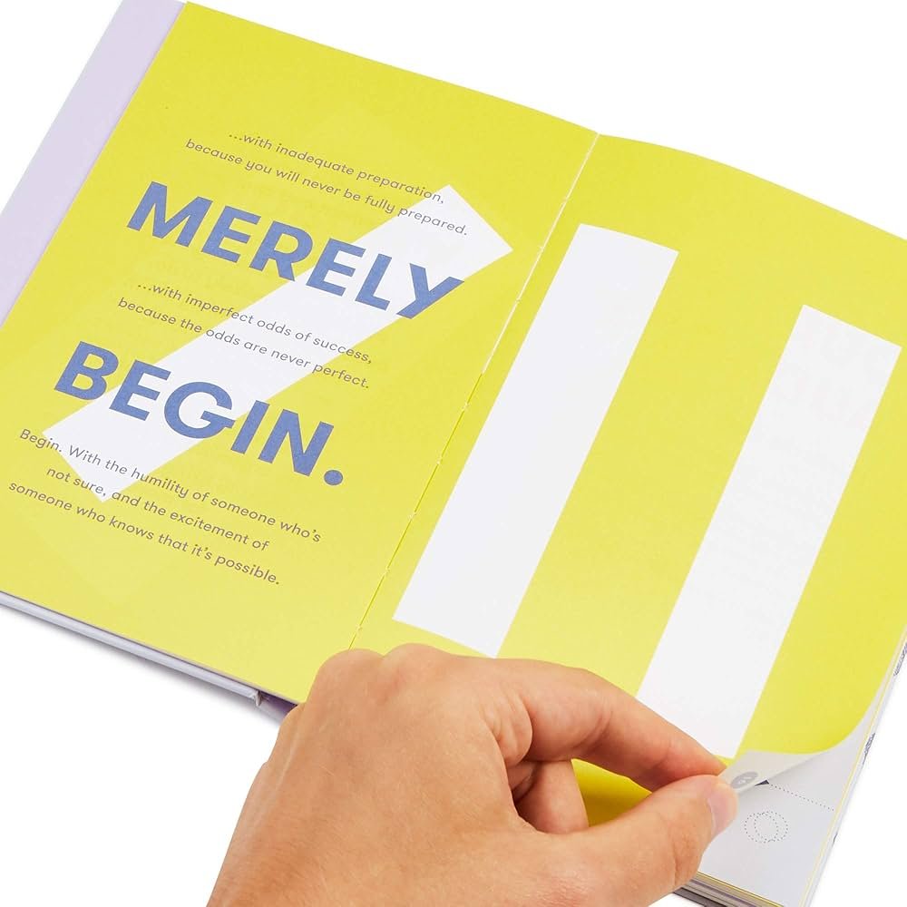 Open book with yellow pages and large white and yellow abstract shapes, hand peeling back a corner of the page, inspiring quote about beginnings.