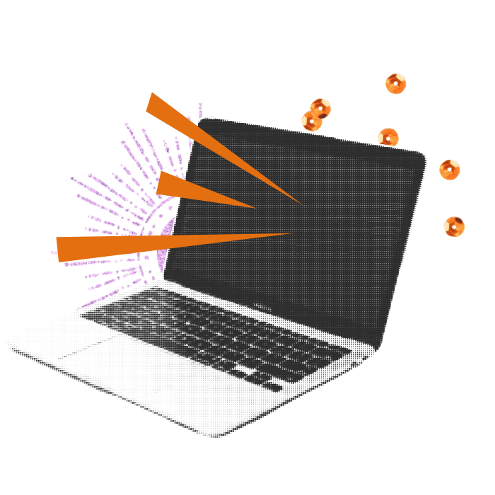 Illustration of a laptop with virus particles on and around it, emphasizing cybersecurity threats.