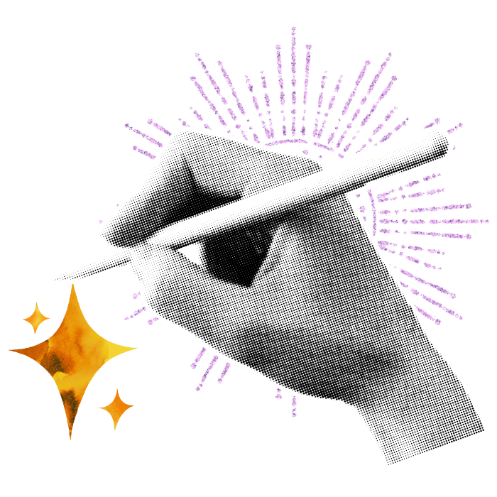 A hand drawing with a stylus pen, surrounded by digital sparkles and purple burst patterns, on a black background.