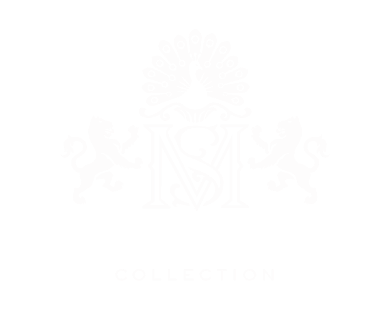 Black and white logo for M. Bride Sisters Collection featuring a peacock with spread tail feathers perched above large serif letters 'M' and 'S', flanked by two heraldic lions standing upright and holding tools.