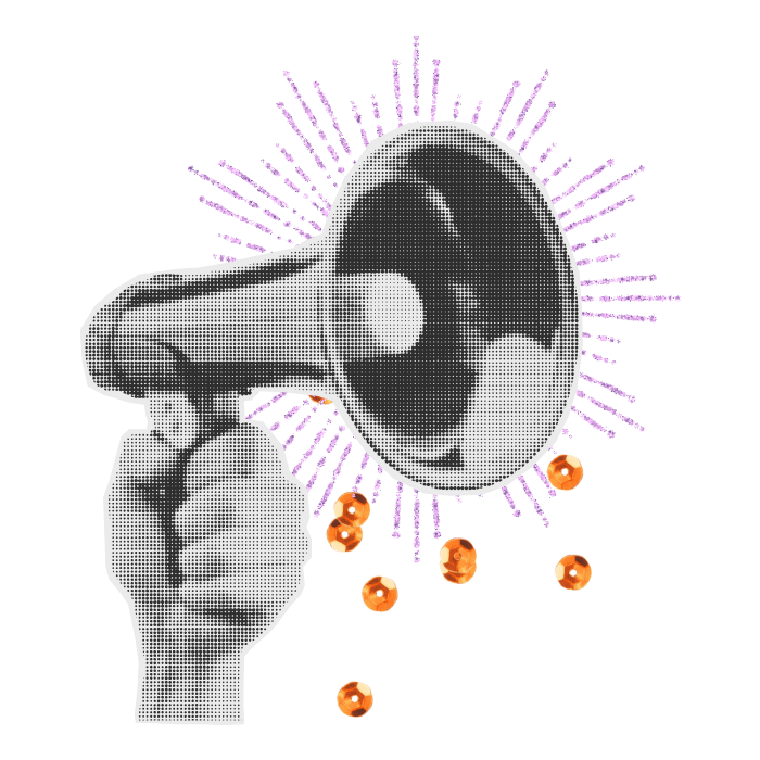 A black-and-white halftone style illustration of a human hand holding a megaphone, with purple radiating lines and small orange spheres around it.
