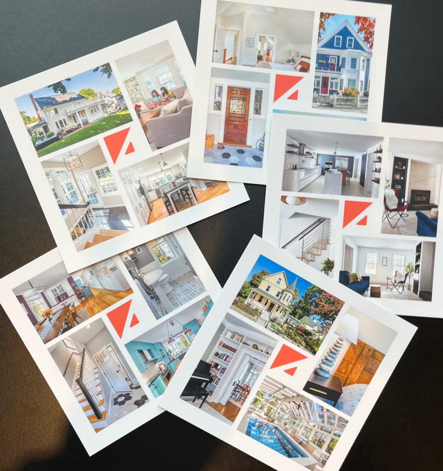 Collection of real estate postcards depicting various homes, interior rooms, and exterior views, with some featuring interior decor and design.