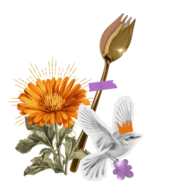 A flower, a golden fork, a paper butterfly, and a purple flower with a gray background.