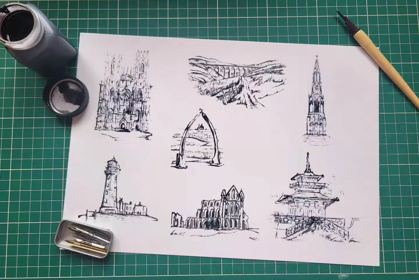 Yorkshire highlights.
Pencil and ink.
Beverley Minster, Ribblehead Viaduct, The Sledmere Cross, Flamborough Head Lighthouse, Whitby Whalebone arch, Whitby Abbey, Peasholm Park Scarborough. 
#pencilart #inkdrawing #yorkshire #locallandscapes #archit