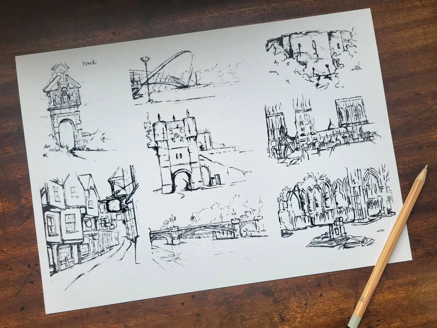 The one that started it all!
Struggling in lockdown and stuck in my room, something made me finally get back into art!
York highlights.
Pen and ink.
King's Manor, Millennium Bridge, Clifford's Tower, The Shambles, Bottham Bar, York Minster, Lendal