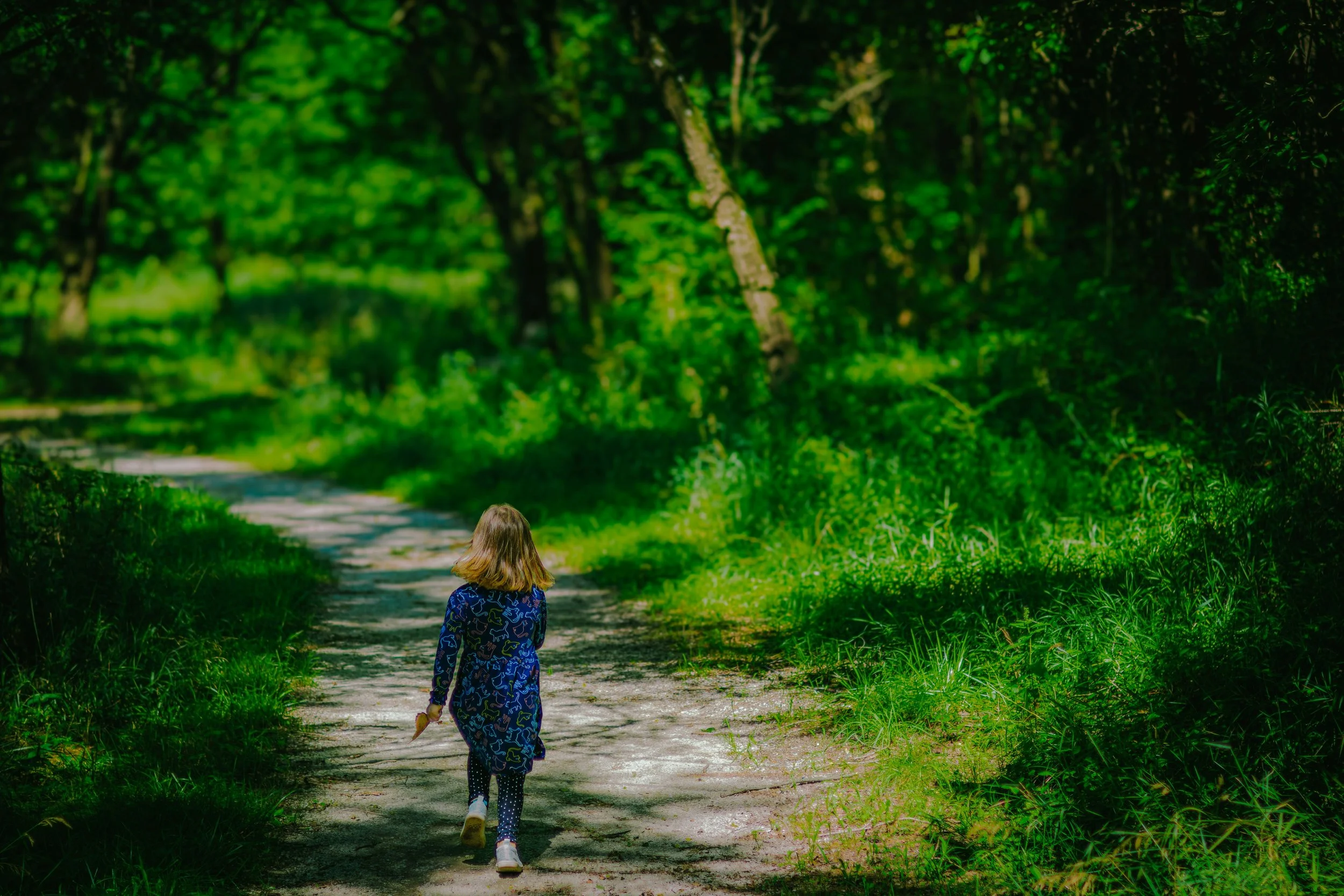 A young girl walking on a dirt trail through a lush green forest with sunlight filtering through the trees.