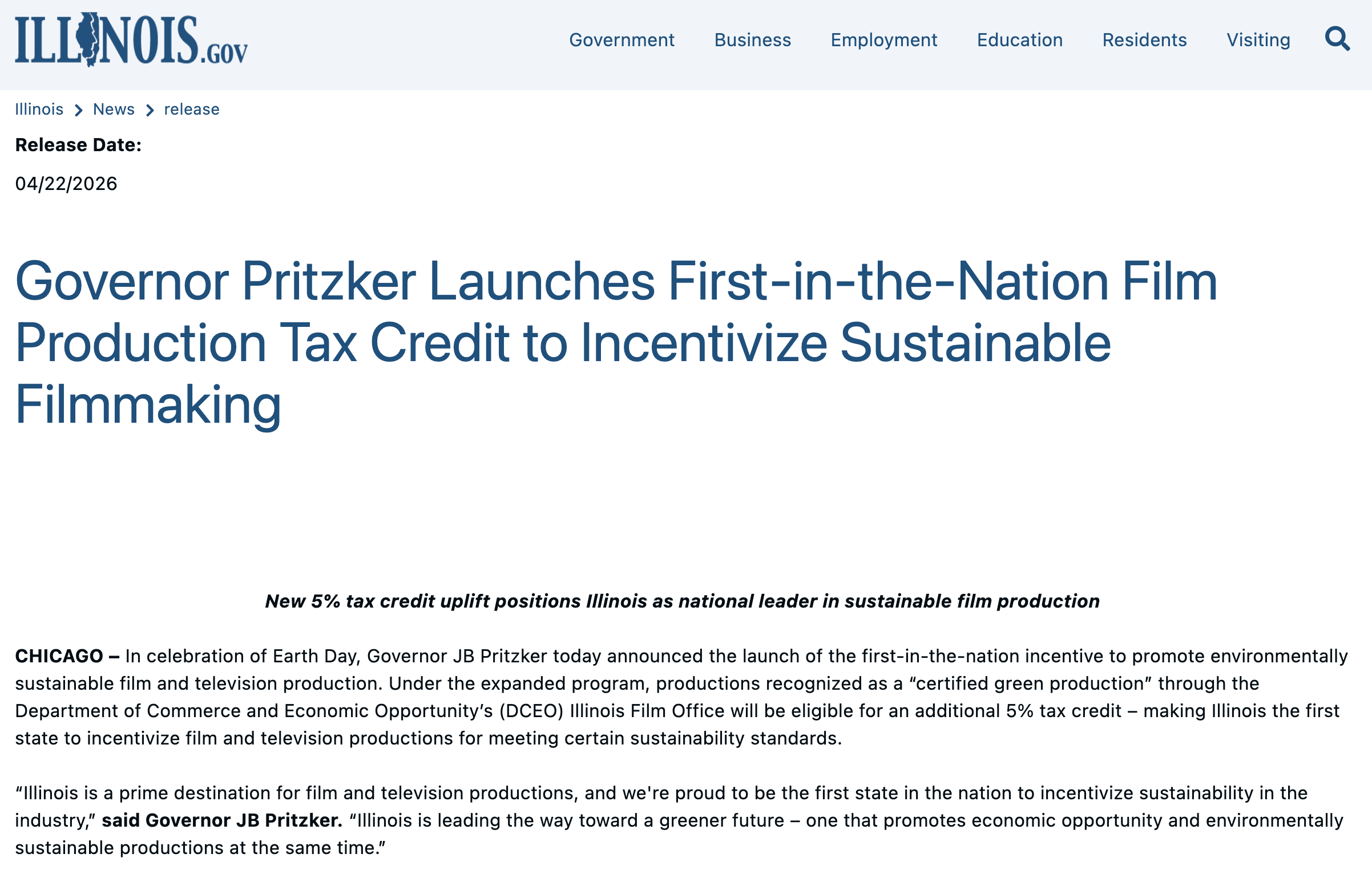 Illinois.gov: Governor Pritzker Launches First-in-the-Nation Film Production Tax Credit to Incentivize Sustainable Filmmaking