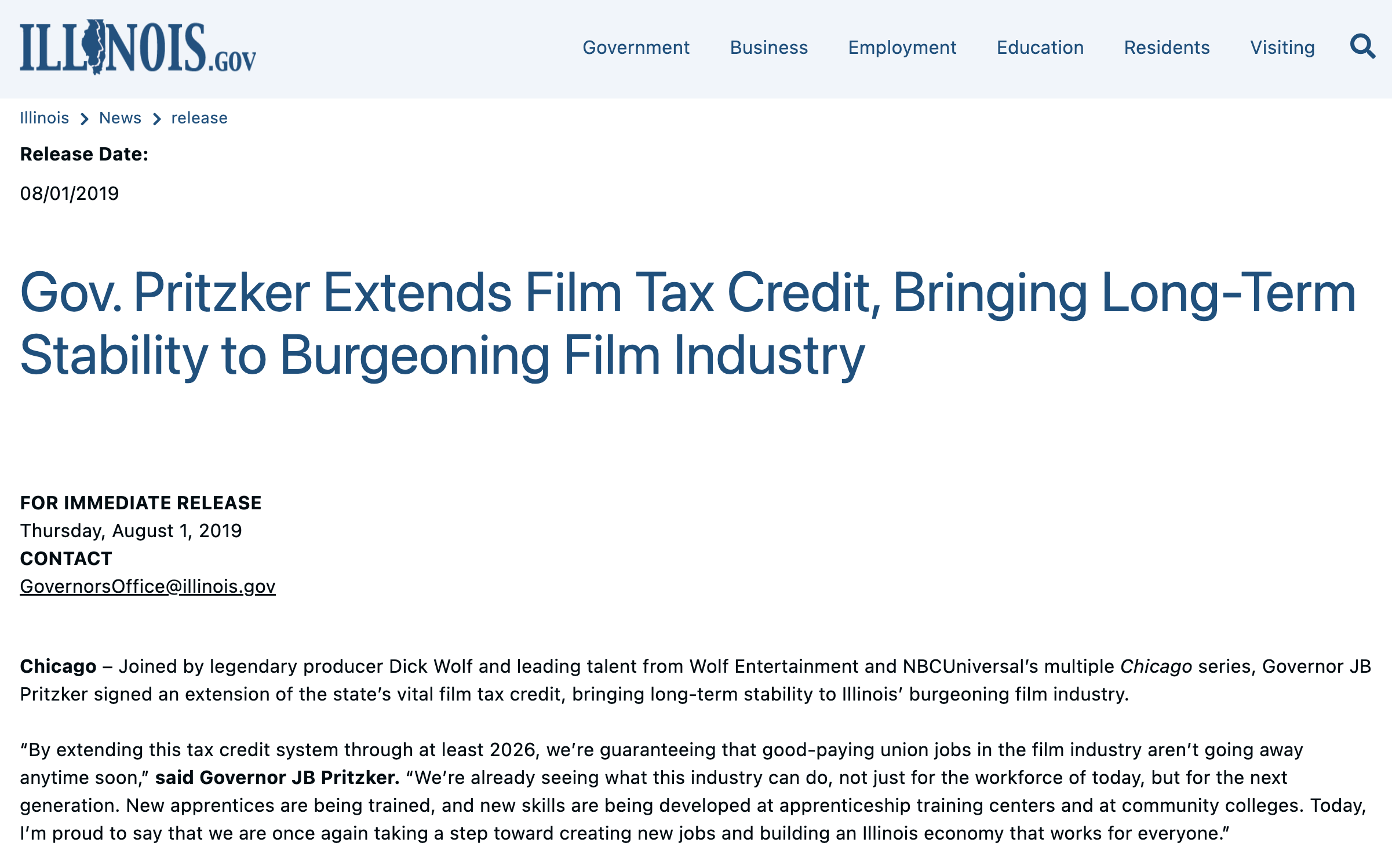 Illinois.gov: Governor Pritzker Extends Film Tax Credit, Bringing Long-Term Stability to Burgeoning Film Industry