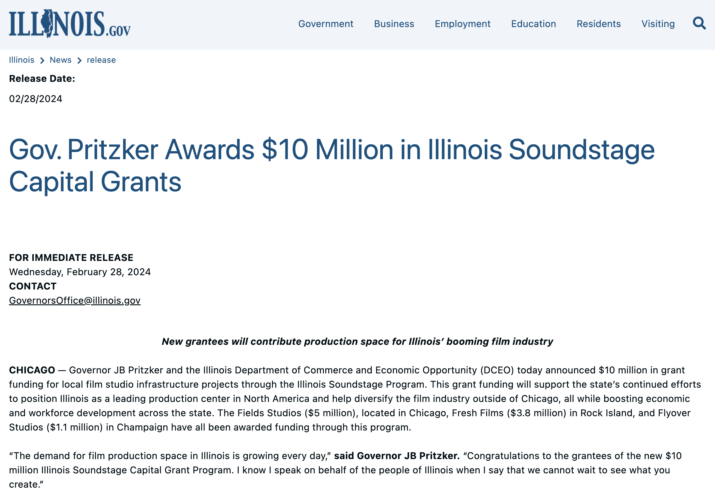 Illinois.gov: Governor Pritzker Awards $10 Million in Illinois Soundstage Capital Grants