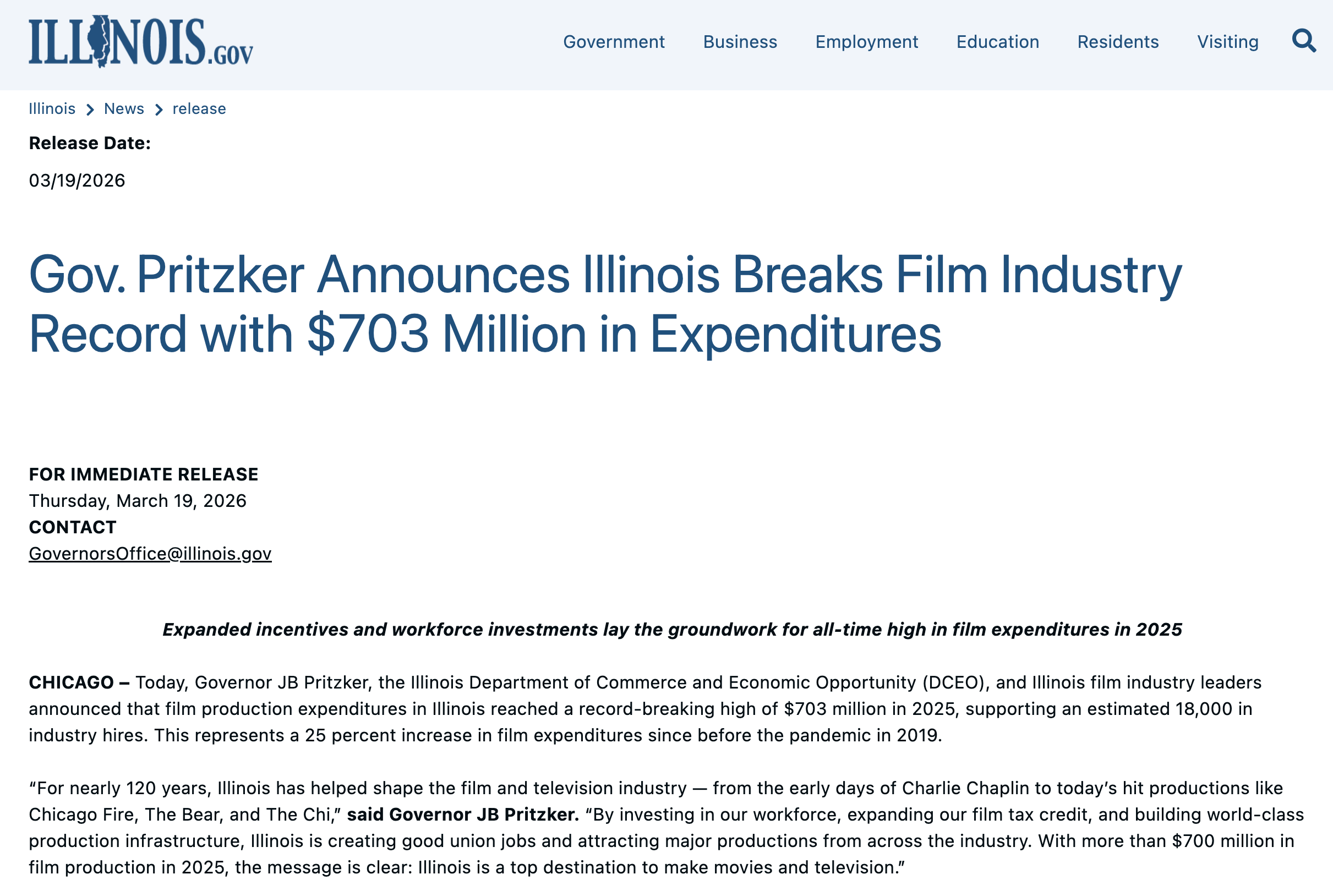 Illinois.gov: Governor Pritzker Announces Illinois Breaks Film Industry Record with $703 Million in Expenditures