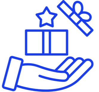A hand holding a gift box with a star and a present floating above it, depicted with blue outline drawings. Users are rewarded for providing data.