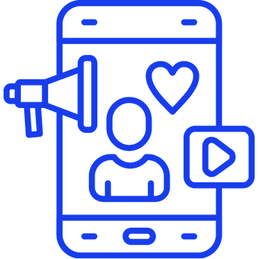 Line drawing of a smartphone showing a user profile, a heart icon, a play button, and a loudspeaker. Social media, documentary, short form series, movies, TV, Tiktok, Reals, Shorts.