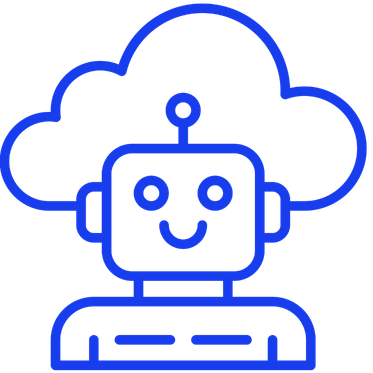 Line drawing of a robot with a cloud outline in the background, smiling face, and a simple body. AI agent representation, with cloud storage.