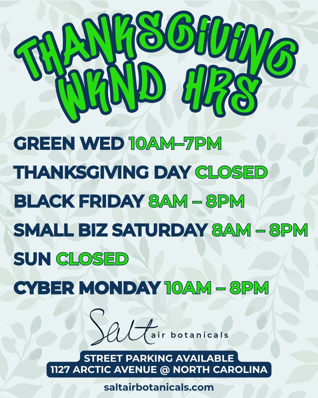 Green Wednesday kicks off tomorrow, Atlantic City &mdash; and Salt Air Botanicals is rolling into Thanksgiving Weekend with community-forward pricing, loyalty rewards that actually reward you, and a lineup of deals built for AC, by AC. 💚

We&rsquo;r