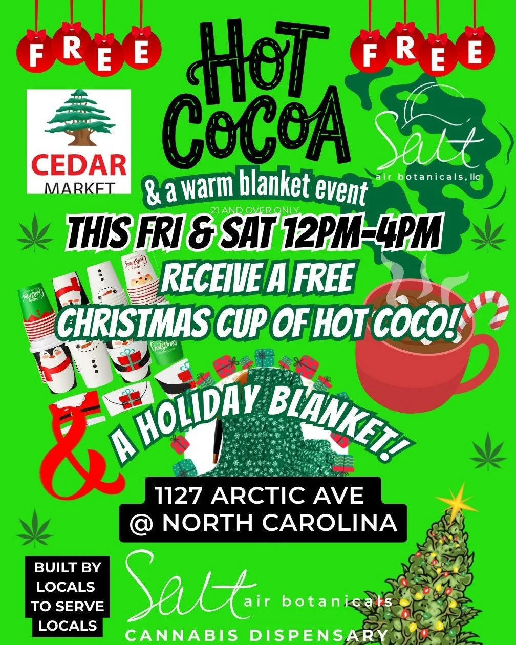 Come to our Hot Coca &amp; Warm Blanket Event from 12-4pm today and Saturday!  Hot cocoa bar, deals and a holiday blanket giveaway.

In partnership with @cedarfoodmarket 
📍1127 Arctic Ave @ North Carolina
⏰12pm-4pm
⚡OPEN 8AM-8PM Friday and Saturday
