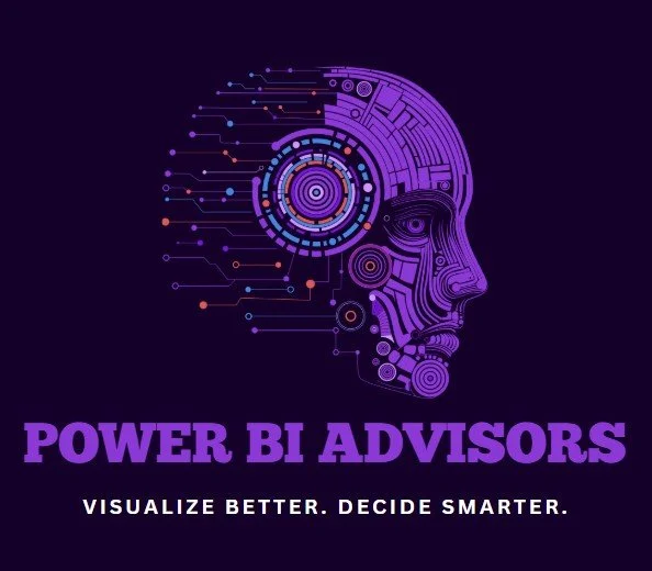 Digital illustration of a human face made of circuit lines and geometric shapes, with the title "Power BI Advisors" and the tagline "Visualize Better. Decide Smarter."