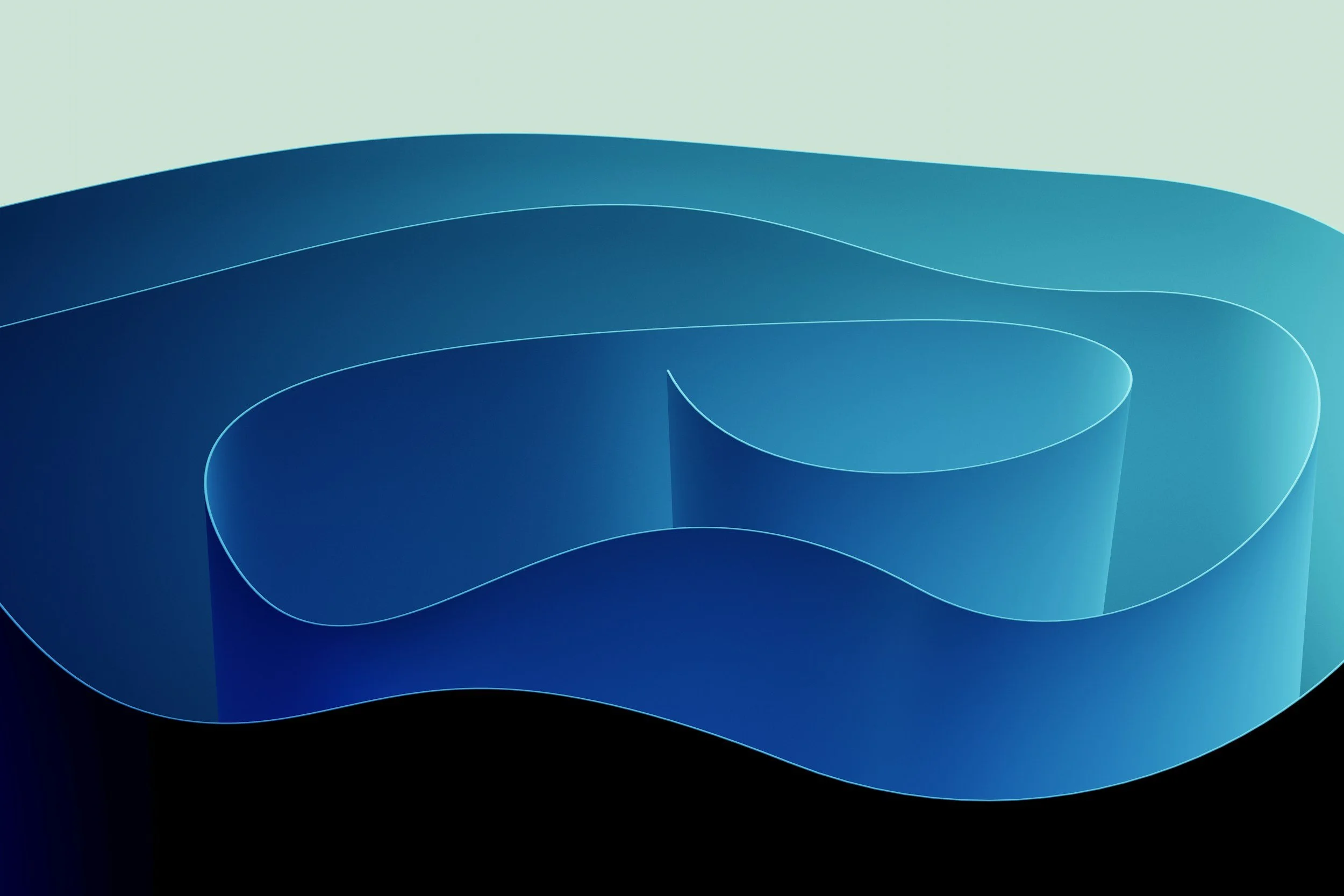 Abstract digital art featuring layered, curving, blue ribbons on a black and light green background.