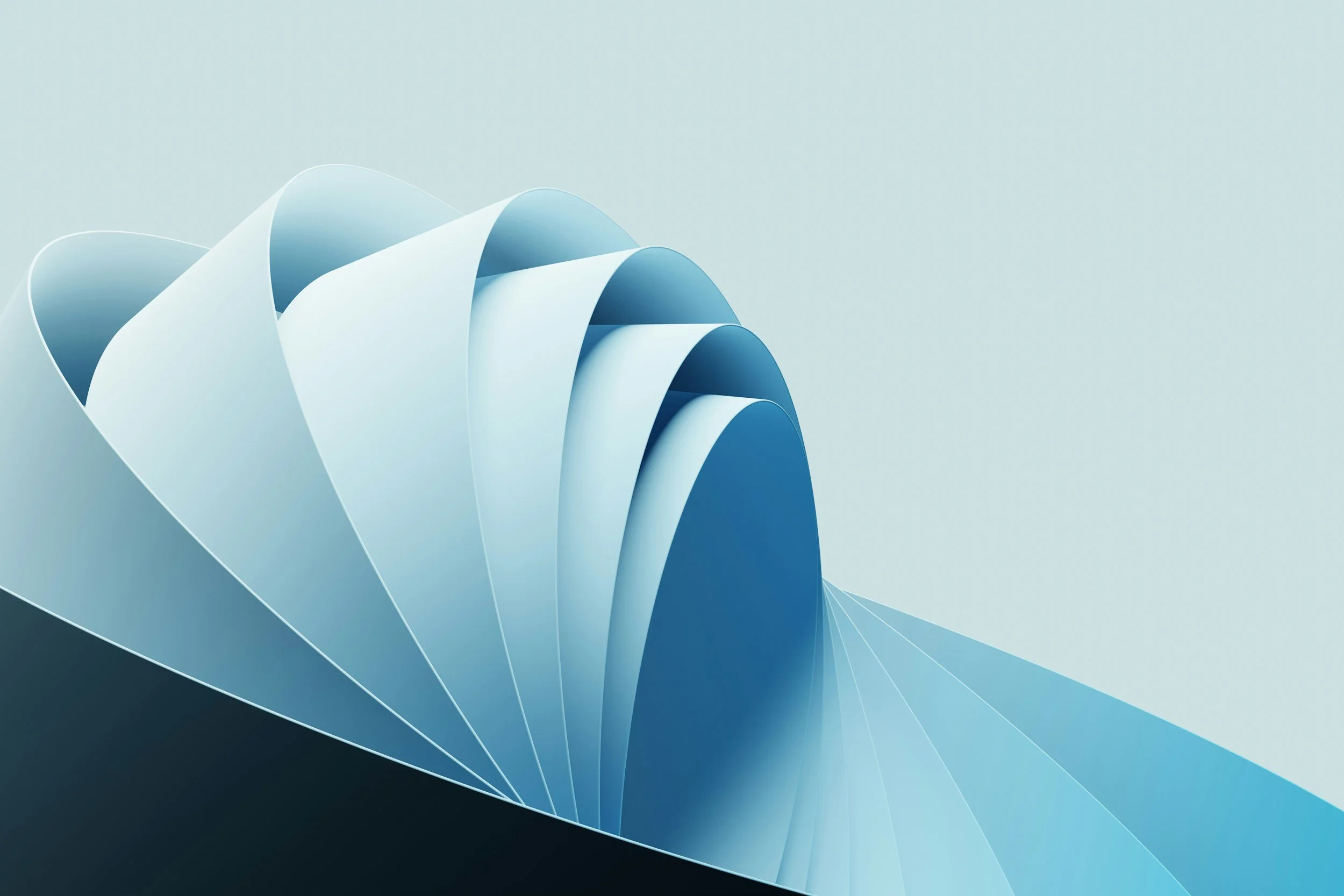 Abstract digital art featuring curved, layered shapes in shades of blue against a light background.