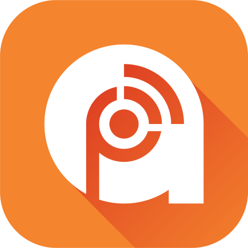 Logo orange et blanc avec un design géométrique abstrait.