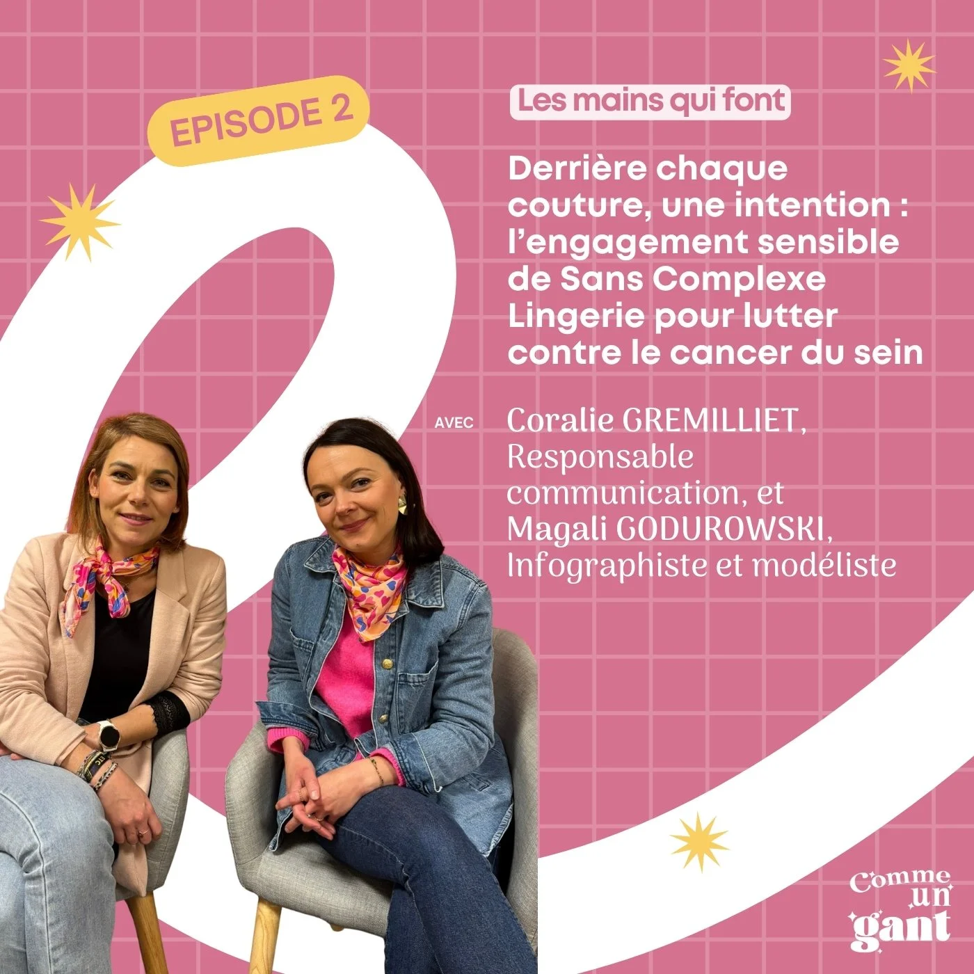 Une affiche promotionnelle pour une émission intitulée "Les mains qui font" de l'épisode 2, avec un fond rose à carreaux. Le texte parle d'engagement contre le cancer du sein, avec les noms de Coralie GREMILLT et Magali GODUROWSKI, Sans Complexe.