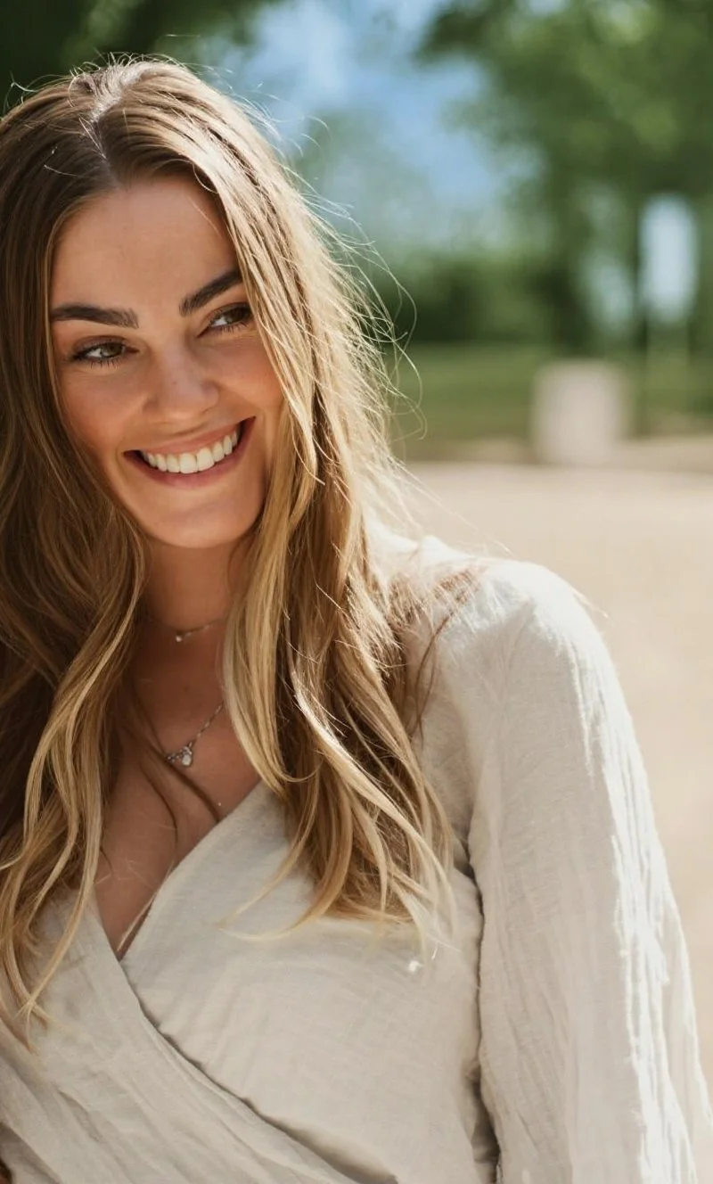 Close-up of a smiling woman with long wavy blonde hair, wearing a light-colored top and a necklace, outdoors with a blurred background of green trees and sky.