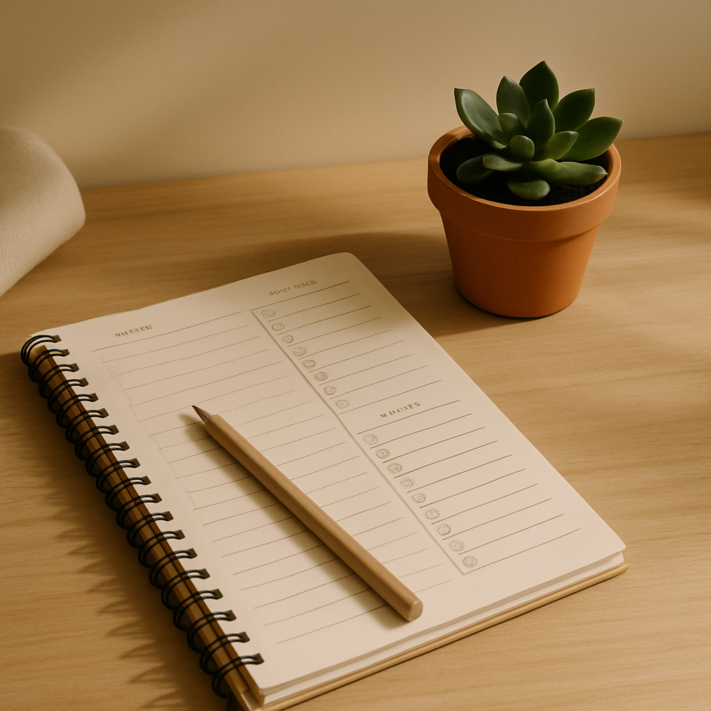 A spiral notebook with handwritten notes and a pen on a wooden desk, next to a potted succulent plant.