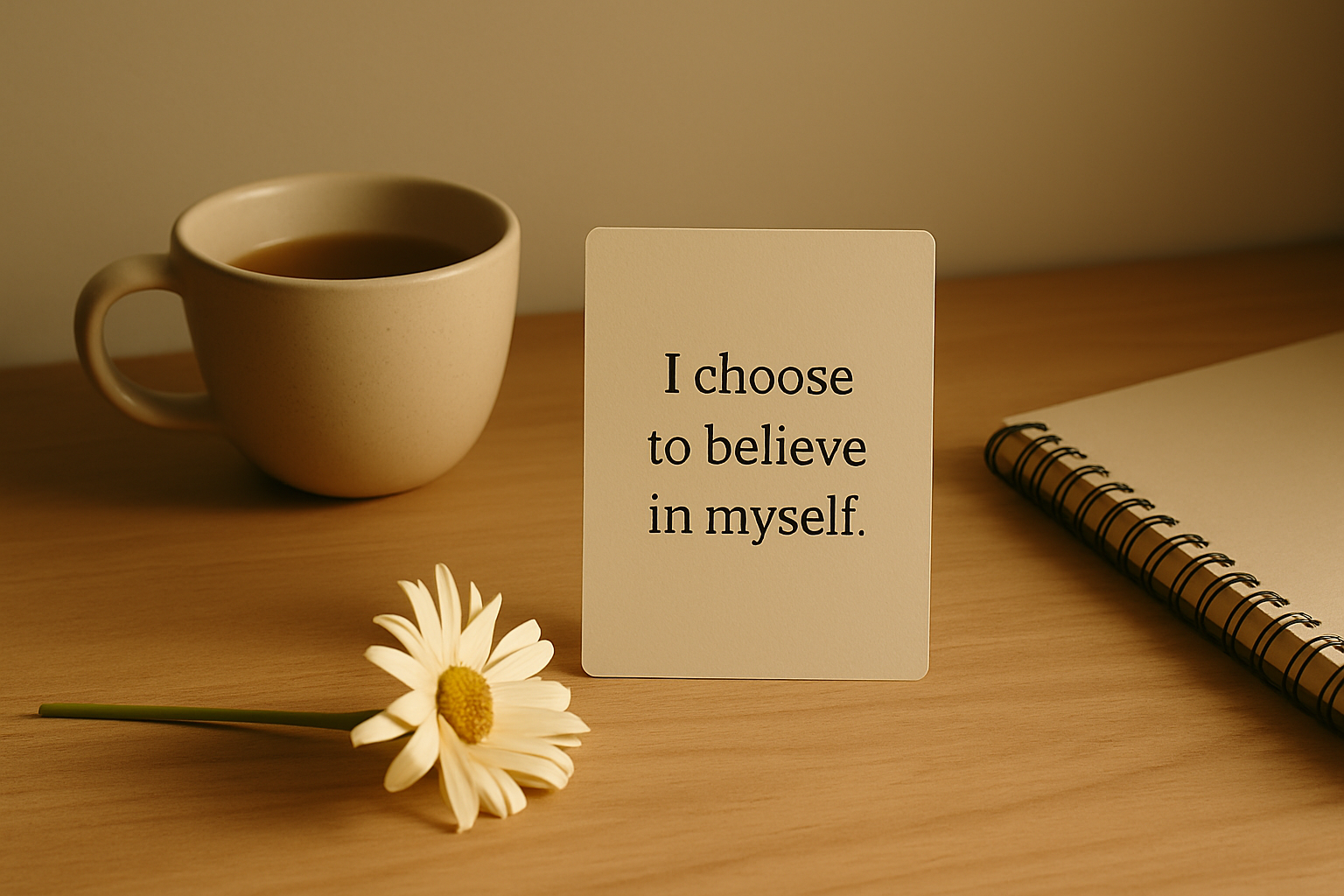 A cup of tea, a daisies flower, a motivational quote on a card, a spiral notebook on a wooden surface.