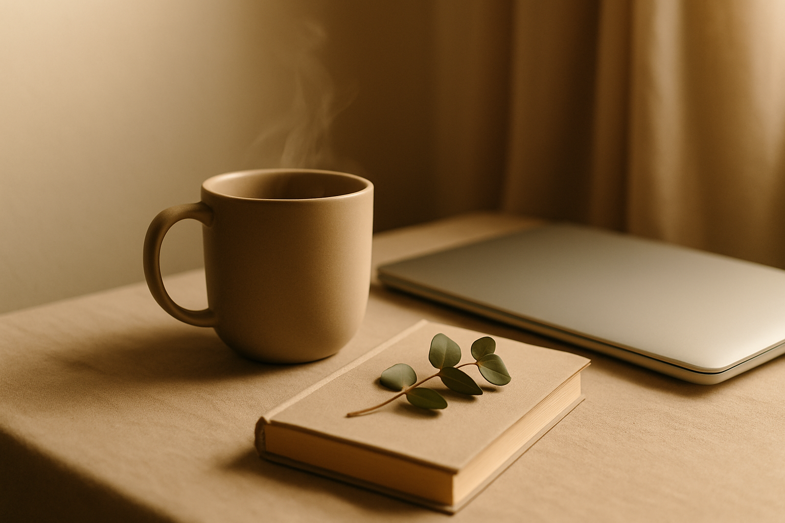 A steaming cup of coffee, a closed laptop, a notebook with a sprig of greenery on top, all arranged on a beige table.