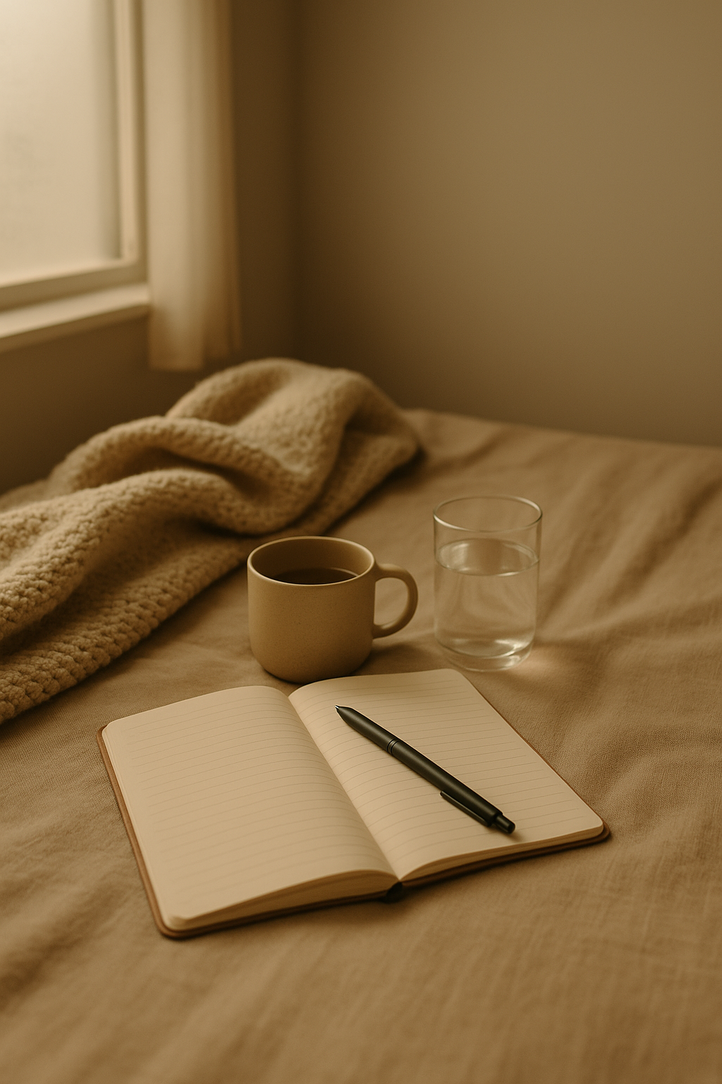 A cozy bed with a beige blanket, a cup of coffee, a glass of water, an open lined notebook, and a black pen in a softly lit room near a window.