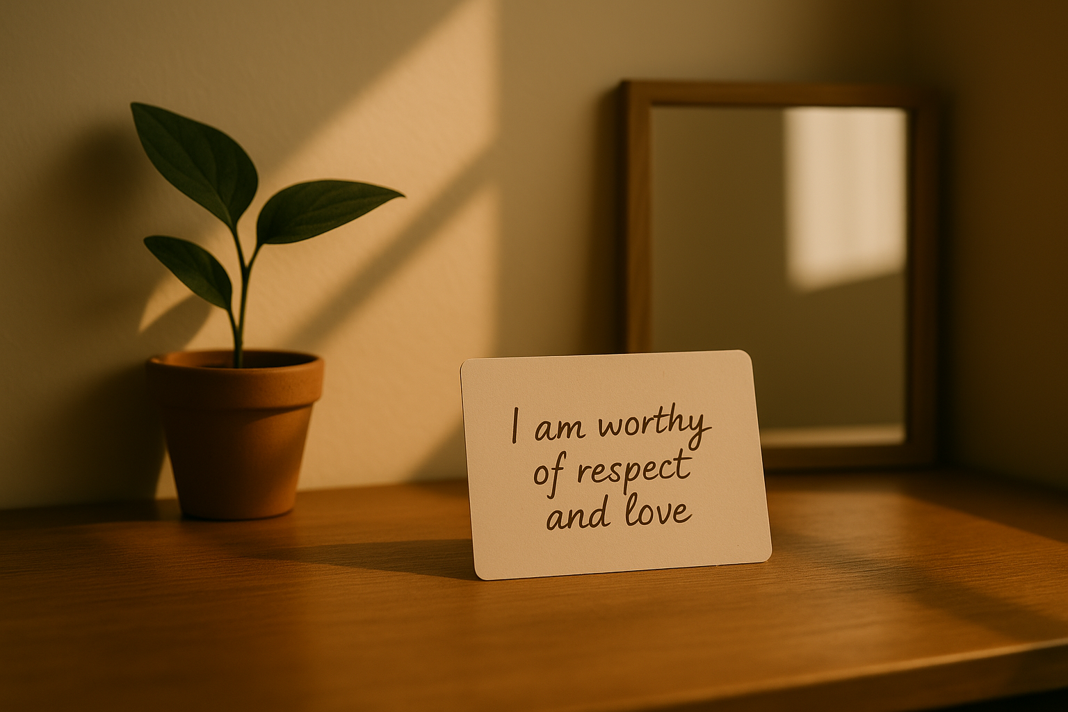 A small potted plant with green leaves, a mirror, and a white card with black handwritten text reading 'I am worthy of respect and love' on a wooden surface.