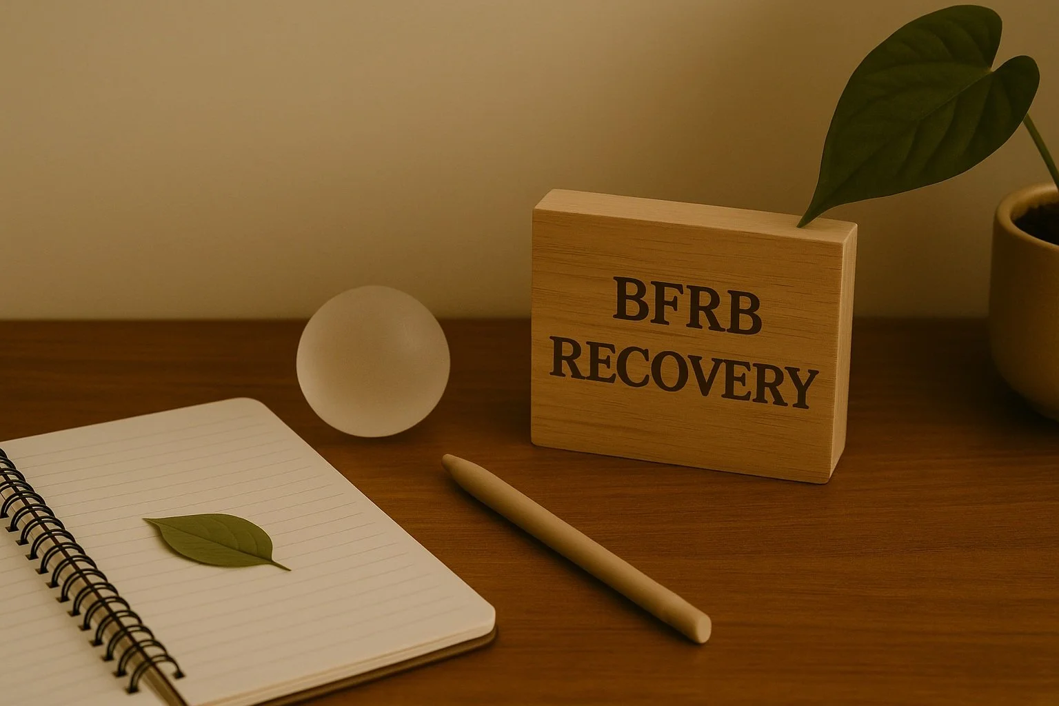 A wooden sign with 'BFRB Recovery' written on it, a green leaf, a white notebook with a leaf on top, a white pen, a frosted glass ball, and a plant in a pot on a wooden surface.
