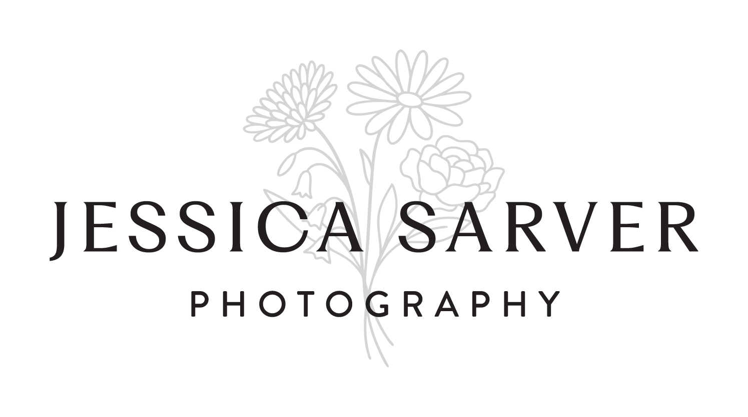 Line art illustration of a bouquet with a daisy, a rose, and a bellflower, overlayed with the text 'Jessica Sarver Photography' on a black background.