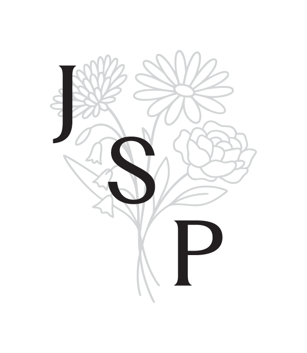 White line drawing of a flower bouquet with the letters J, S, and P overlaying the flowers on a black background.