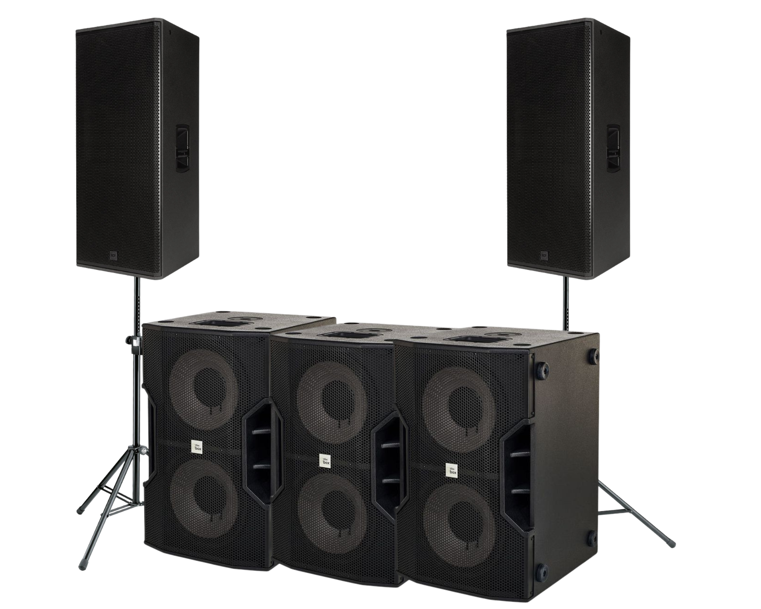 Sound system with two tall speakers mounted on stands and three large subwoofers on a stand.