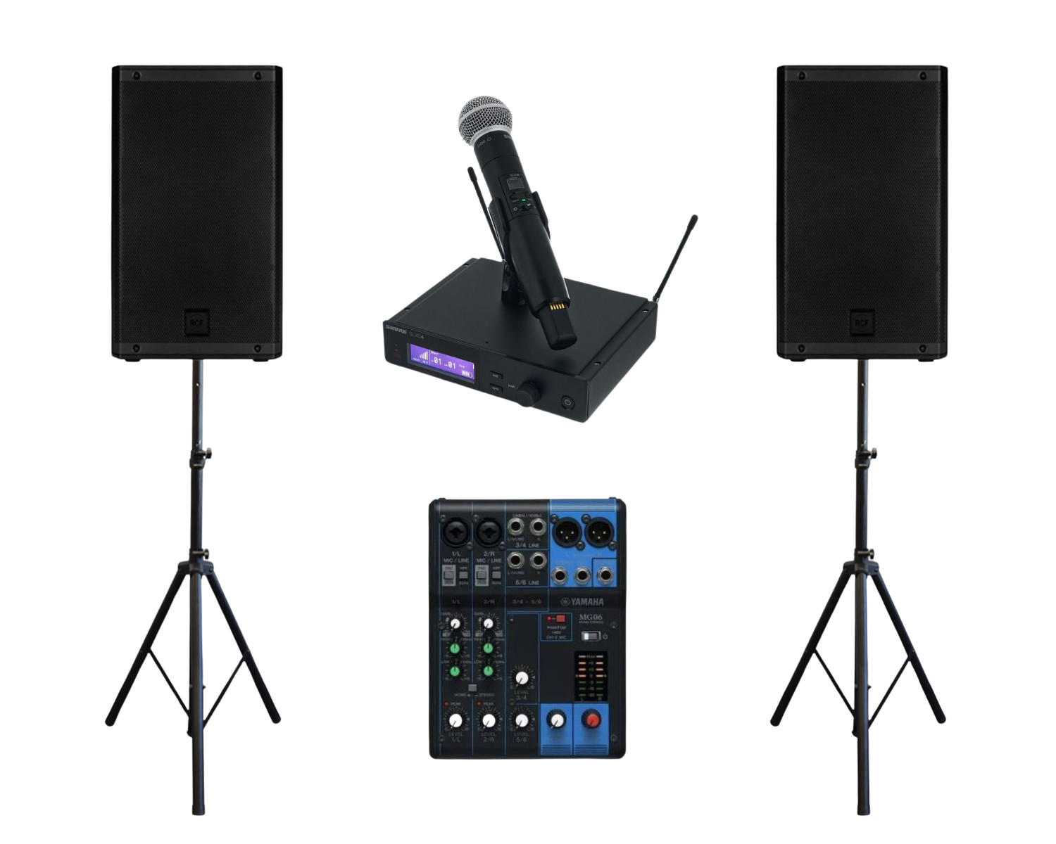 Audio equipment setup including two speakers on stands, a wireless microphone with receiver, and a compact audio mixer.