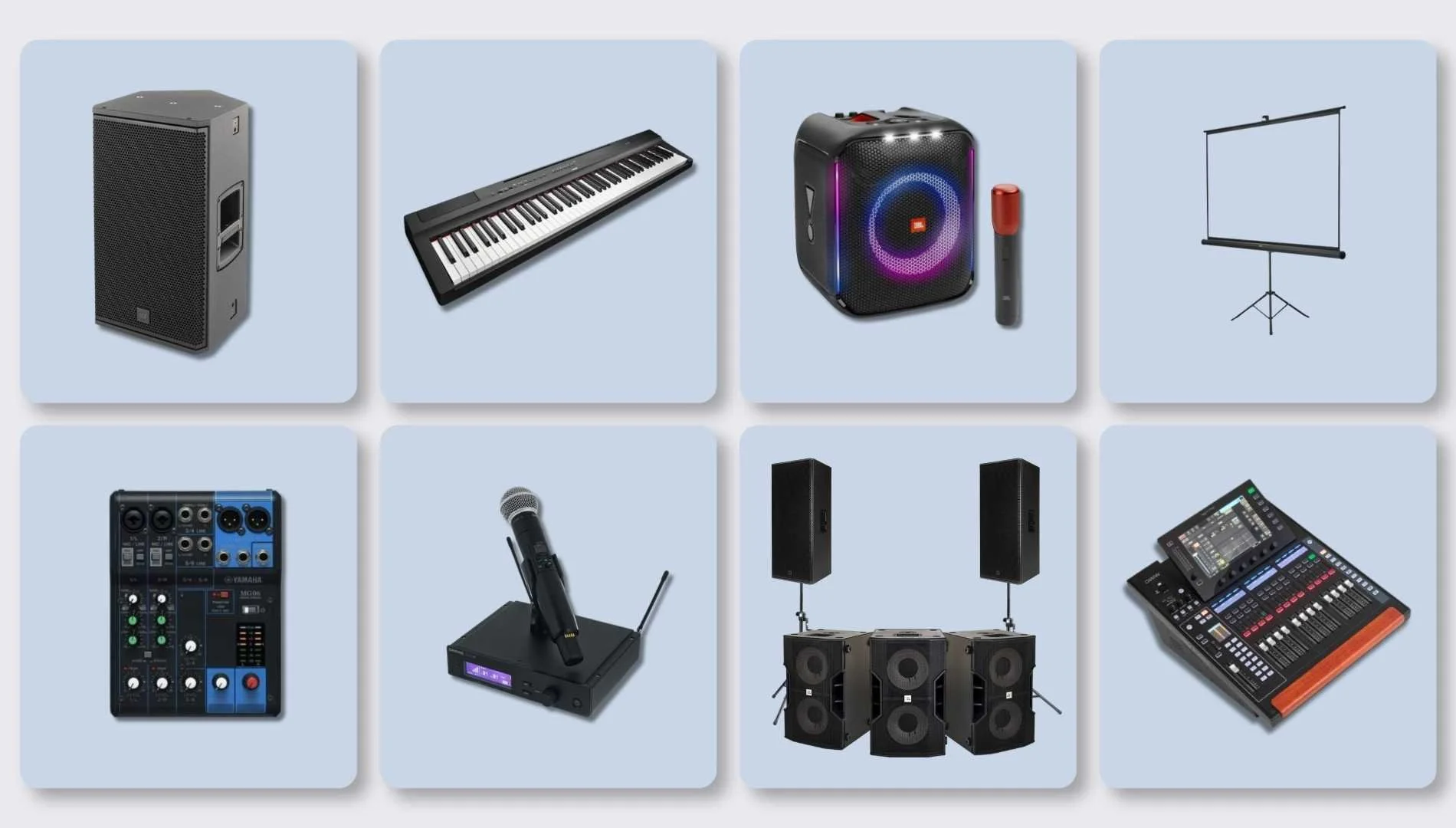 Collection of music and audio equipment including a speaker, keyboard, portable speaker, projector screen, audio mixer, microphone, wireless microphone receiver, PA speakers, and digital audio mixer.