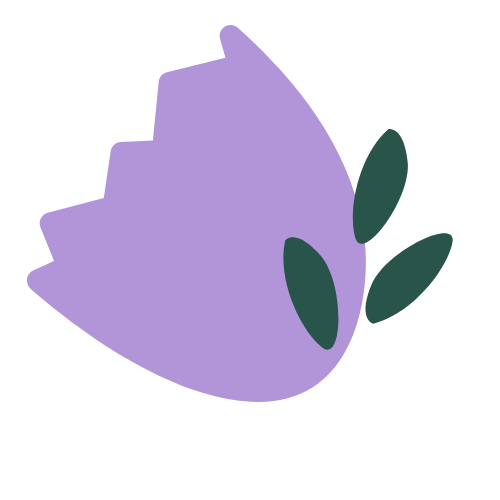 Illustration of a purple flower or plant with three dark green leaves.