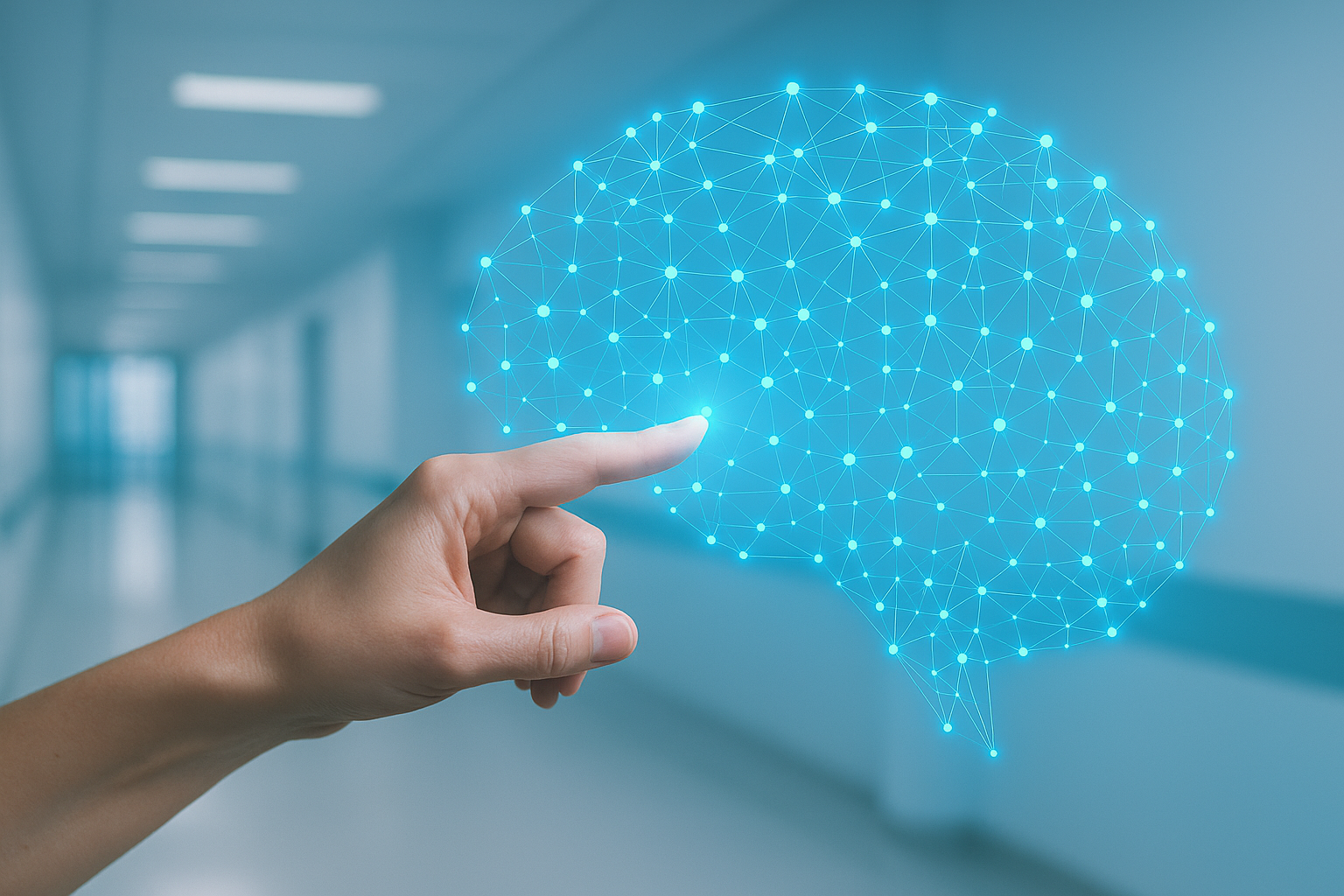 Person touching a virtual digital brain made of interconnected blue nodes and lines in a modern office setting.