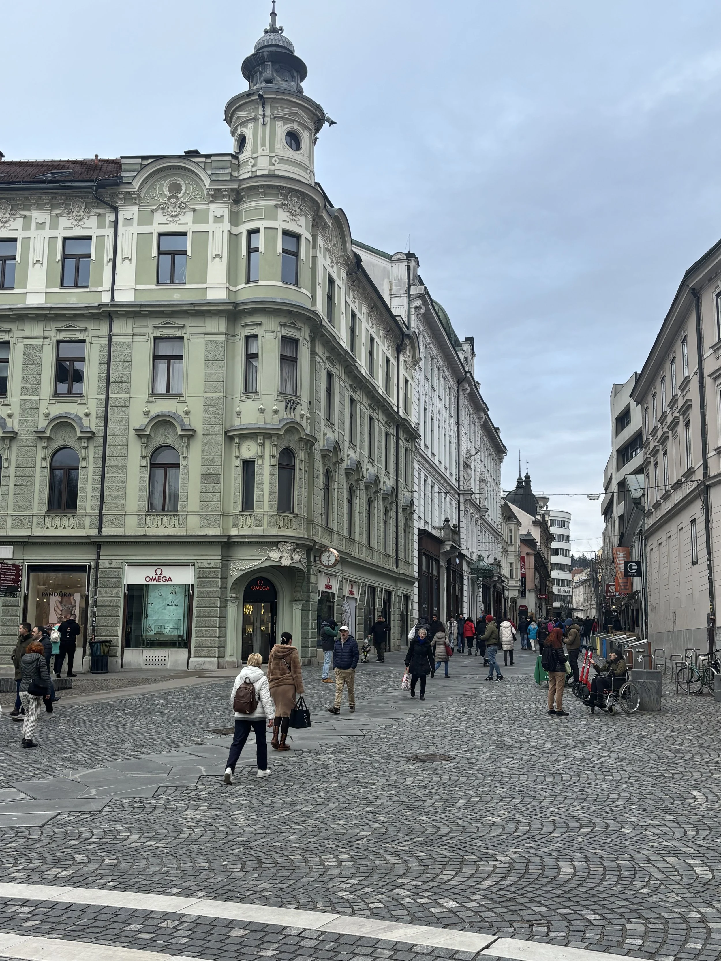 Pedestrian street with historic buildings, shops, and people walking on cobblestone pavement in an urban area.