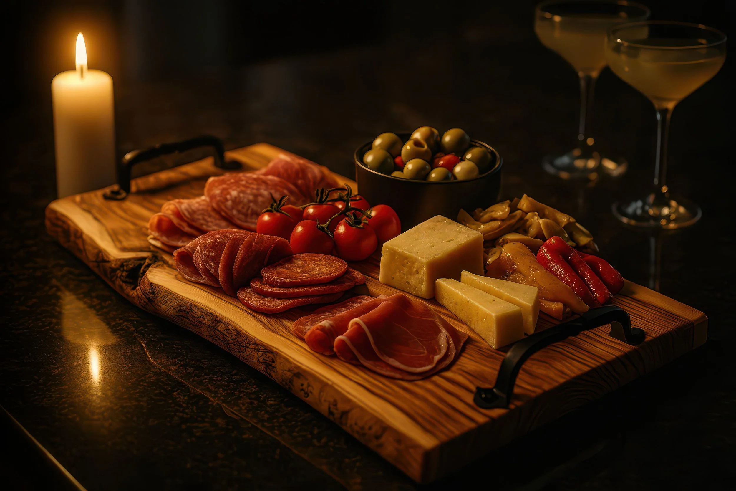 Handcrafted Live-Edge Charcuterie Board with meats, cheeses, tomatoes, olives, and vegetables, lit by candlelight with two glasses of white wine in the background.