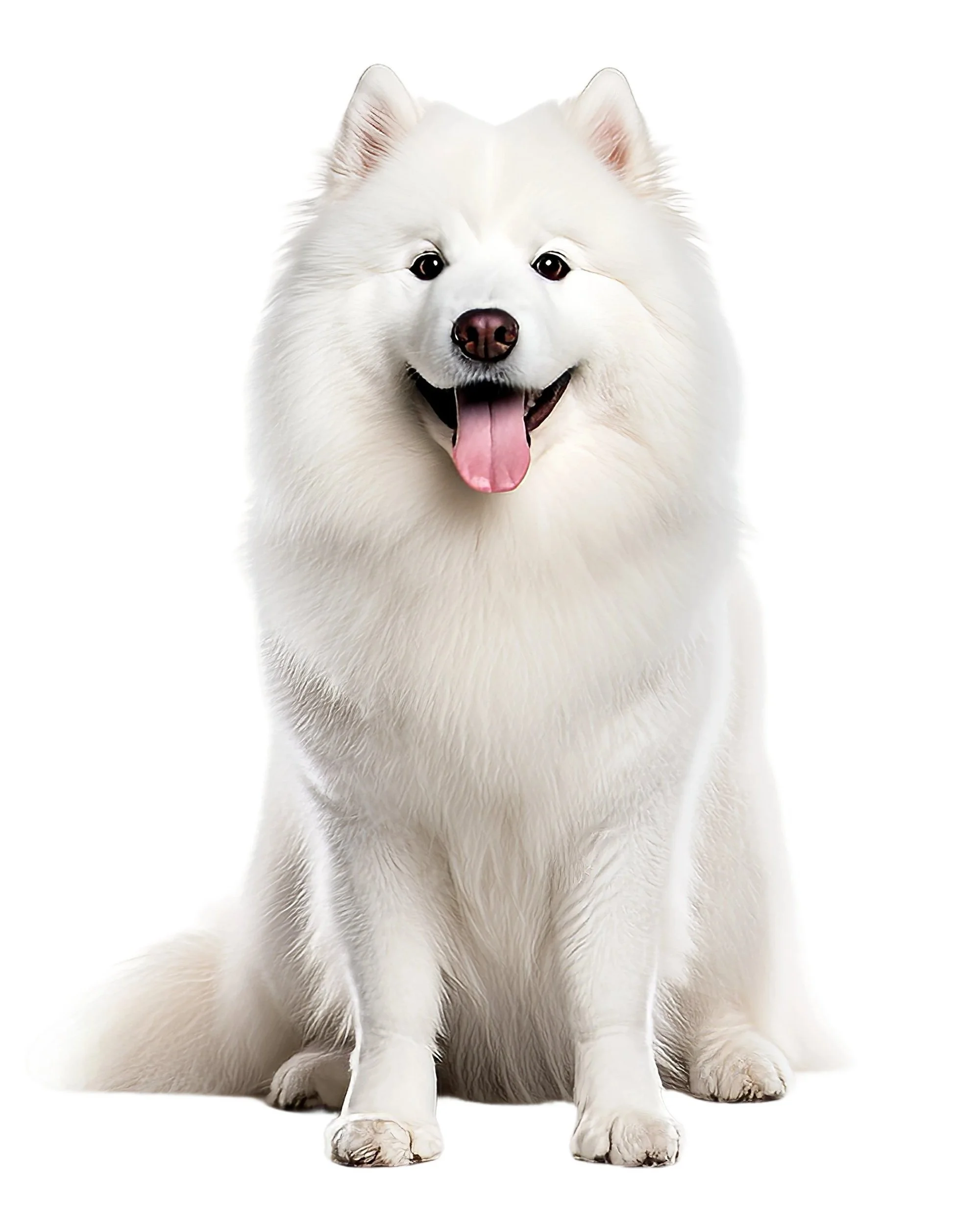 A white fluffy dog, likely a Samoyed, sitting with a happy expression, tongue out, and ears up against a white background.