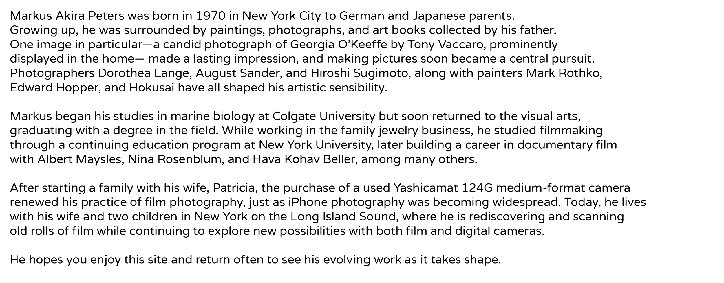 A text paragraph about Markus Akira Peters' background, education, photography practice, and personal life.
