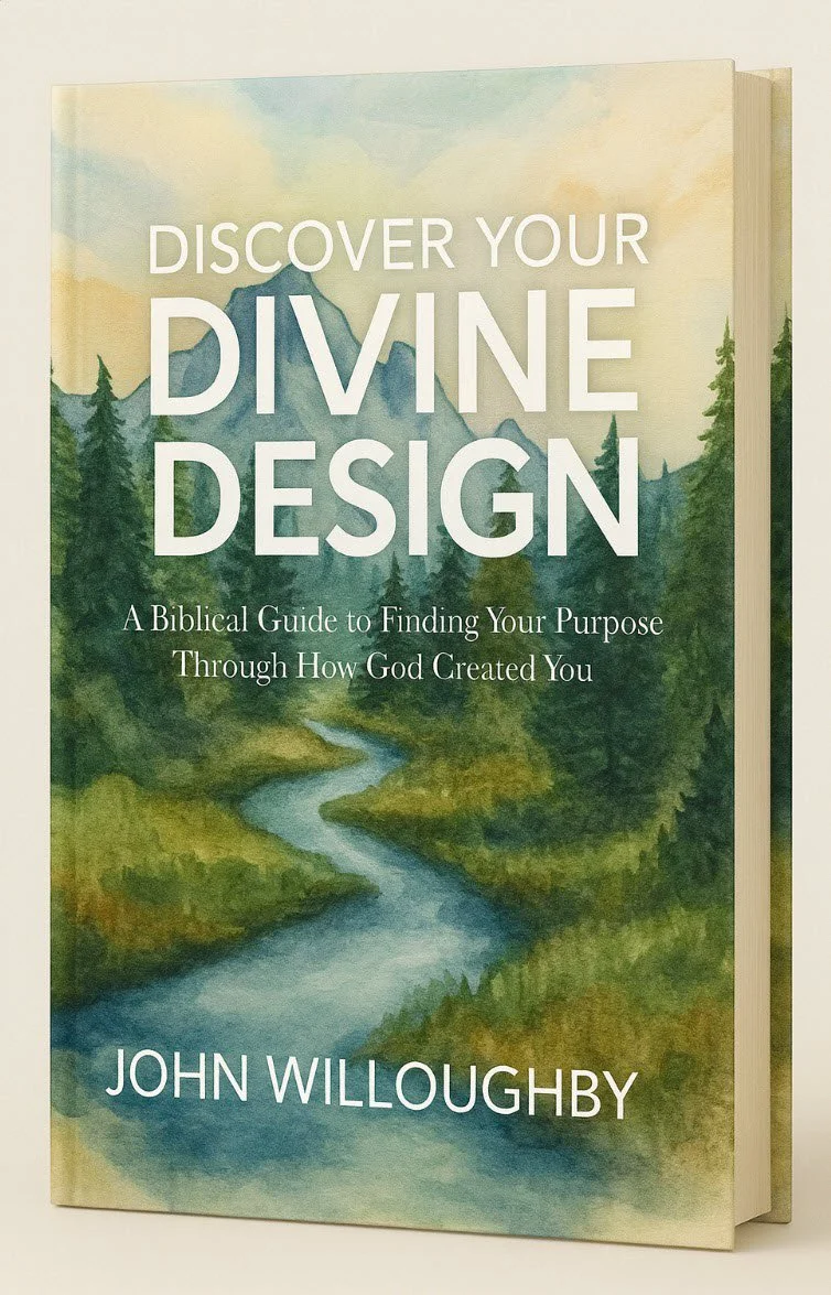 Book cover design with the title "Discover Your Divine Design" and author John Willoughby. Features an illustration of mountains, trees, and a winding river against a dark green background.