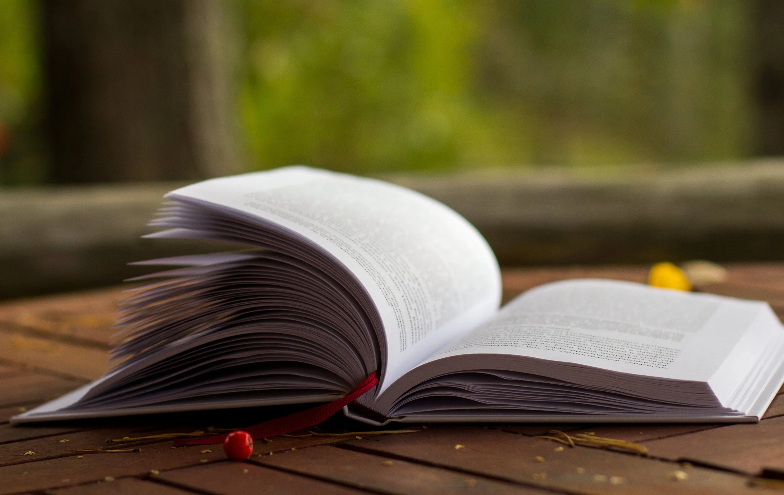 An open book with white pages and printed text, lying on a wooden surface outdoors with a blurred green background.