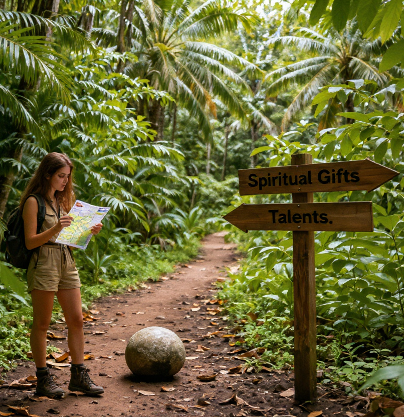 A woman at a trail crossroads choosing between spiritual gifts and talents