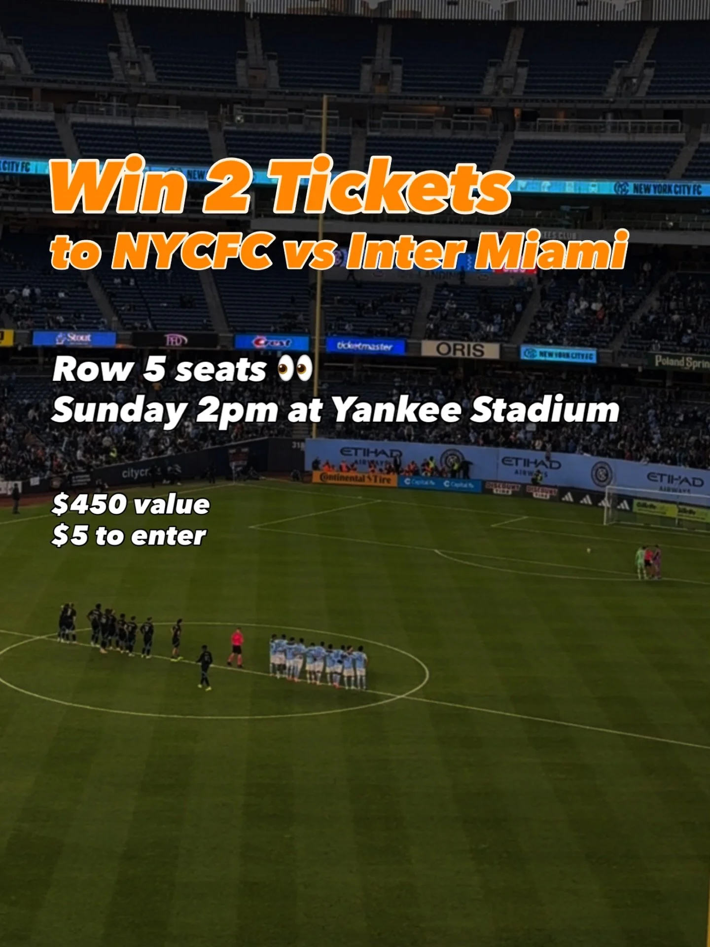 Win 2 tickets to NYCFC vs. Inter Miami worth $450💥⚽️
You&rsquo;ll be right up close to see Messi - this could be one of your last chances! 

&bull; Sunday 2pm at Yankee Stadium
&bull; Row 5, Section 233, seats 3 &amp; 4 

To enter: 
1️⃣ Send $5 via 