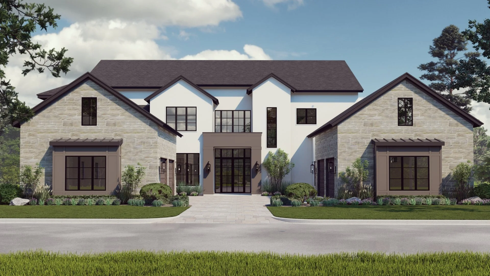 A modern two-story house with stone and white exterior walls, black window frames, and a dark roof. The house features a symmetrical design with a central entrance, large windows, and landscaped front yard with shrubs and trees.